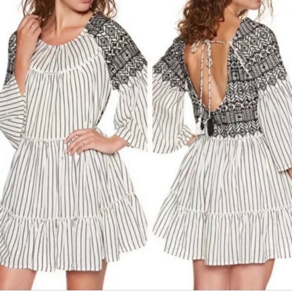 Free People Lola Striped Bell Sleeve Embroidered Boho Mini Dress S